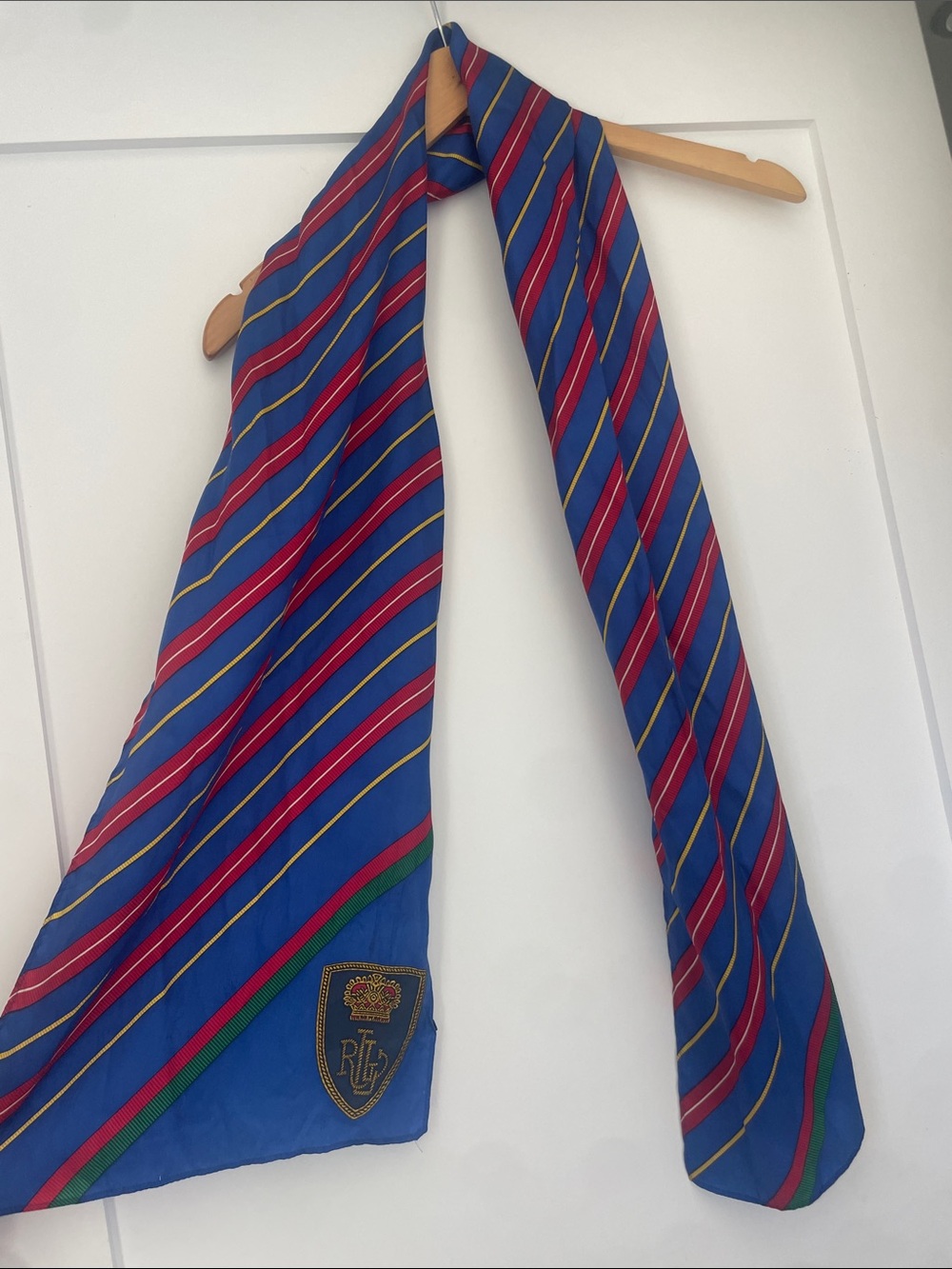 Ralph Lauren Blue Silk Scarf with Red and Green Diagonal Stripes Unisex fasho
